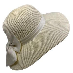 Bella Accessori Womens Cream Wide Brim Sun Hat Large Back Bow Straw Beach Resort